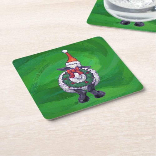 Cute Sheep in Santa Hat On Green Square Paper Coaster