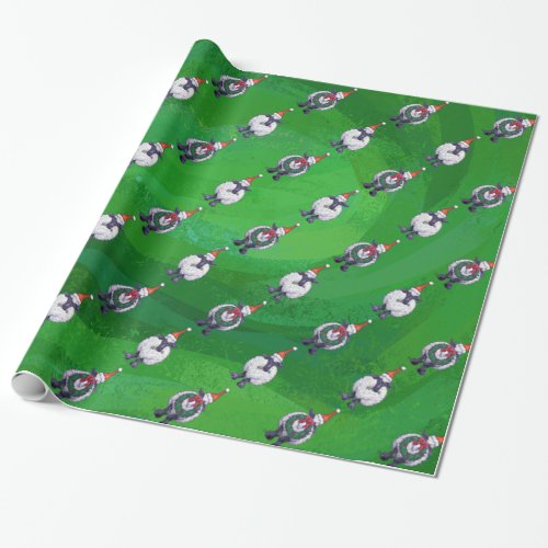 Cute Sheep in Santa Hat On Green Wrapping Paper