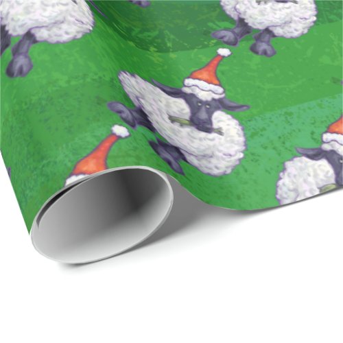 Cute Sheep in Santa Hat On Green Wrapping Paper