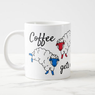 Cute sheep jumping "Coffee gets me jump started" Giant Coffee Mug