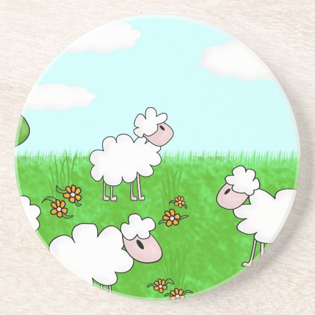 Cute Sheep Kids Illustration Sandstone Coaster (Front)