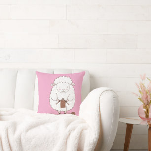 Cute Sheep Knitting Brown Wool Throw Pillow