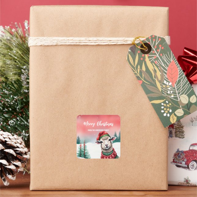 Cute Sheep Lama Santa Christmas party kid Square Sticker (Holiday)