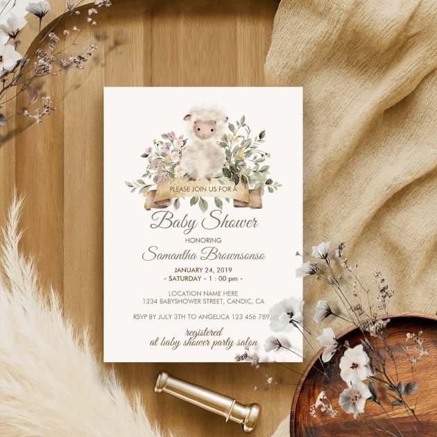 Cute Sheep Lamb Botanical Ribbon Baby Shower Invitation