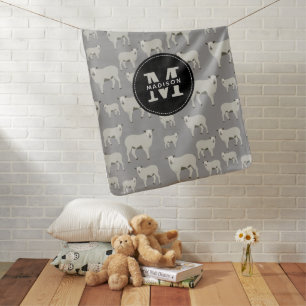 Cute Sheep & Lamb Farm Animal Pattern Monogram Baby Blanket