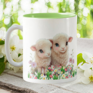 Cute Sheep Lamb in garden of flowers personalized  Two-Tone Coffee Mug