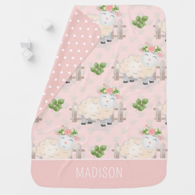Cute Sheep Lamb Pattern Blush Monogram Baby Blanket (In Situ)