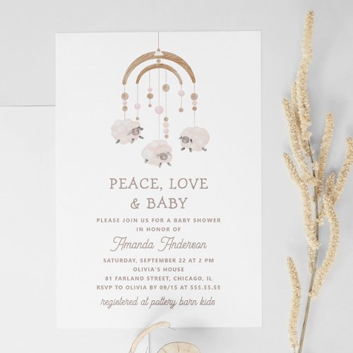 Cute sheep mobile Peace Love and Baby Shower Invitation