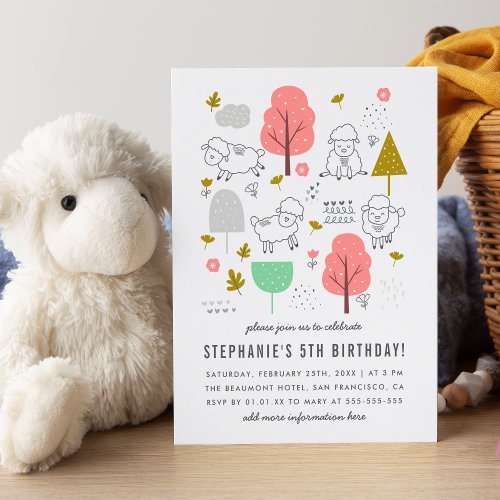 Cute Sheep Modern Little Girls Birthday Party Invitation Postcard