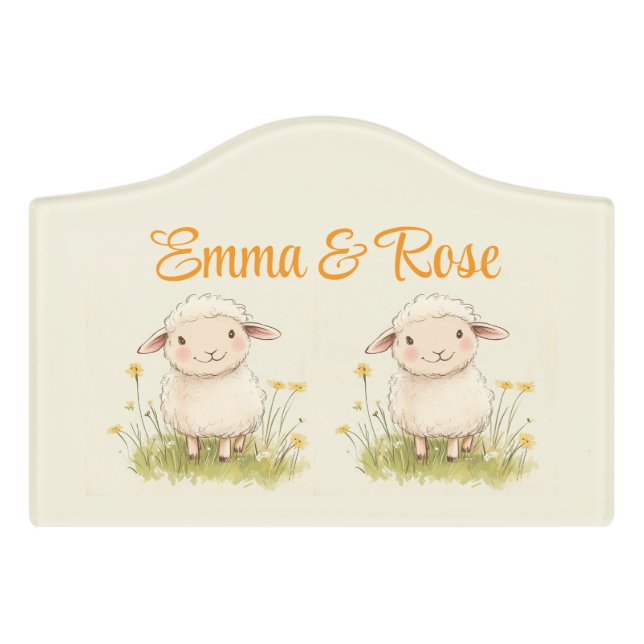 Cute Sheep Nursery Decor, Personalized For Twins,  Door Sign (Small Crest Front)