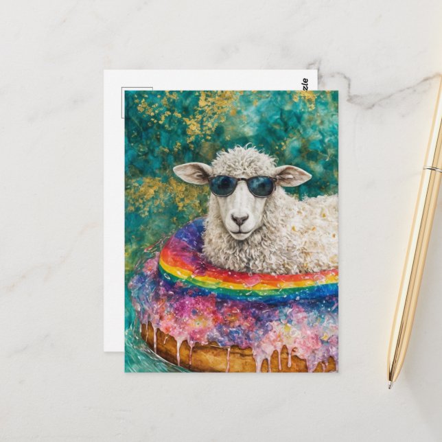Cute Sheep on a Float Trip Postcard (Front/Back In Situ)