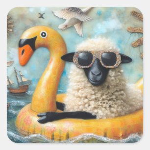 Cute Sheep on Yellow Swan Floatie Square Sticker