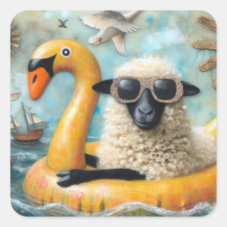 Cute Sheep on Yellow Swan Floatie Square Sticker