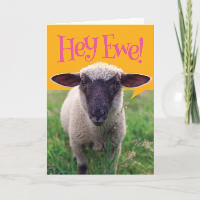 Cute Sheep Saying Hey Ewe! Happy Birthday Card (Front)