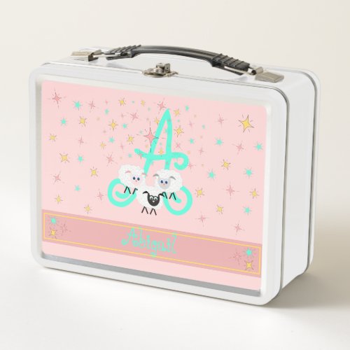 Cute Sheep  Stars Name  Initial Monogram Pink Metal Lunch Box