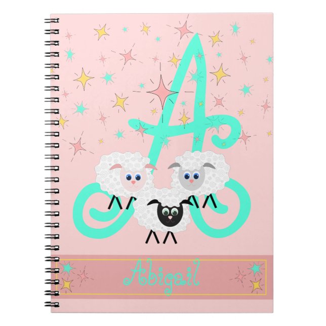 Cute Sheep & Stars Name & Initial Monogram Pink Notebook (Front)