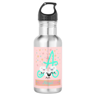 Cute Sheep & Stars Name & Initial Monogram Pink Stainless Steel Water Bottle