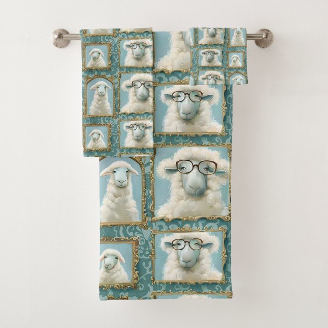 Cute sheep wearing glasses on blue bath towel set (Insitu)