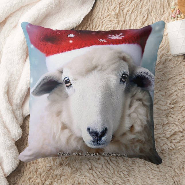 Cute Sheep Wearing Red Hat Christmas Throw Pillow (Blanket)