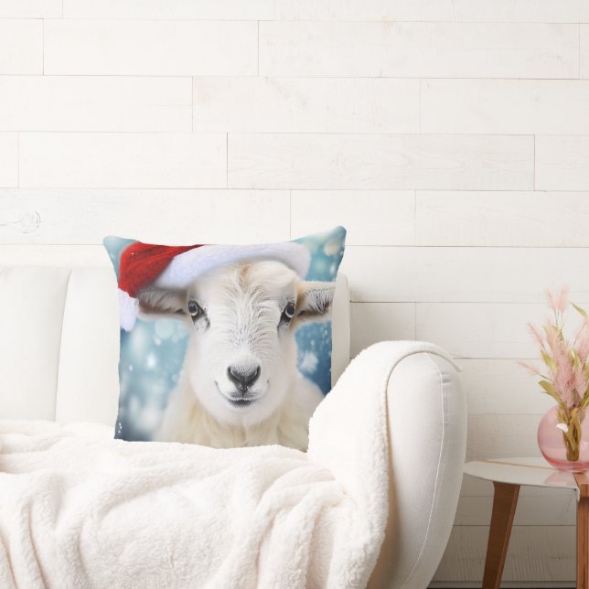 Cute Sheep Wearing Red Hat Christmas Throw Pillow (Couch)