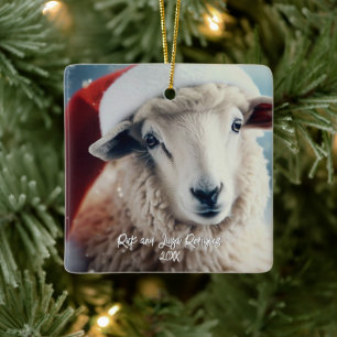 Cute Sheep Wearing Santa Hat Christmas Ceramic Ornament