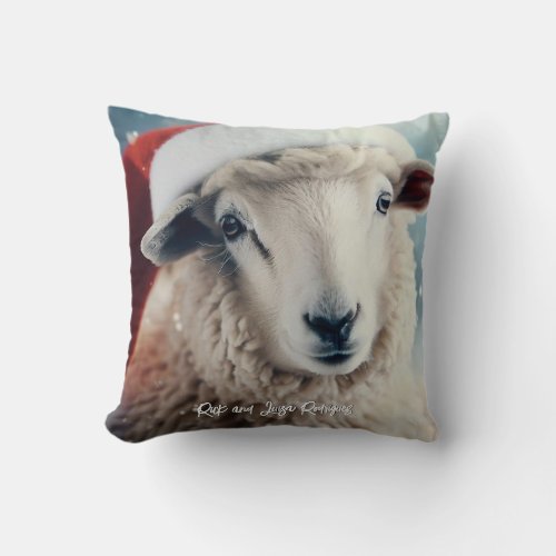 Cute Sheep Wearing Santa Hat Christmas Throw Pillow
