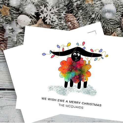 Cute Sheep with Christmas Lights Holiday Postcard