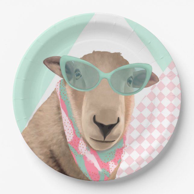 Cute Sheep With Glasses  Paper Plates (Front)