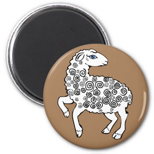 Cute Sheep with Spiral Fleece Blue Eyes Folk Art Magnet