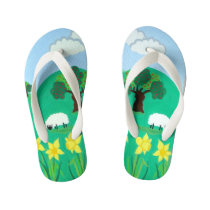 cute sheep with trees hills blue sky and clouds kid's flip flops cute sheep with trees hills blue sky and clouds kid's flip flops