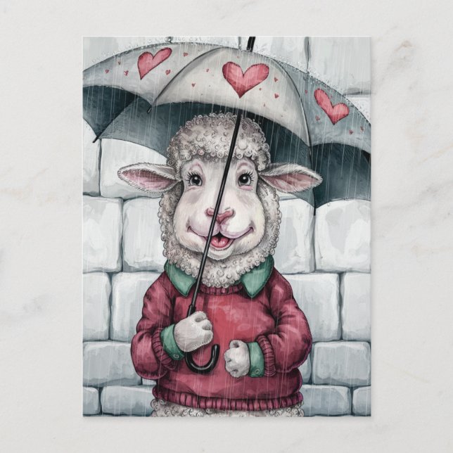 Cute Sheep With Umbrella Postcard (Front)