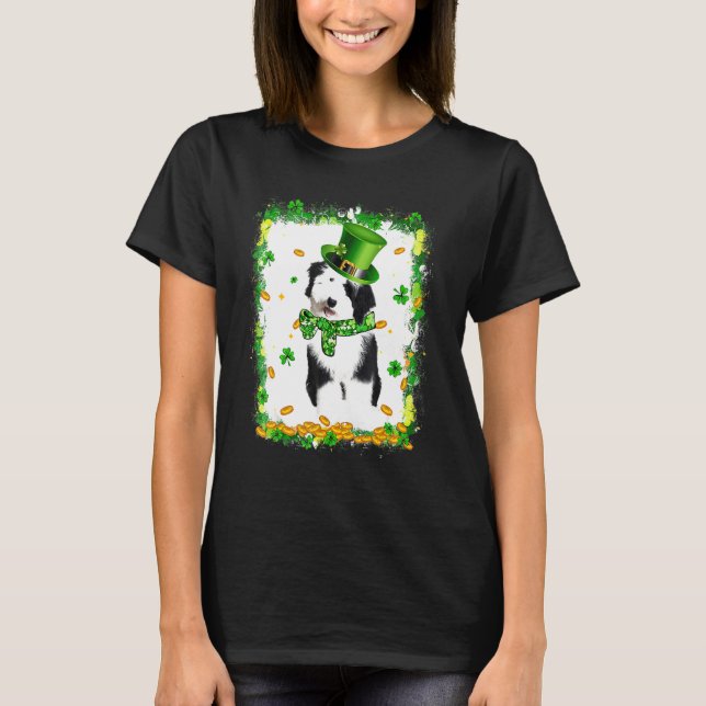 Cute Sheepadoodle Dog St Patricks Day Irish Shamro T-Shirt (Front)