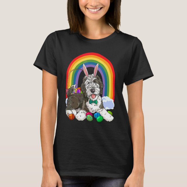 Cute Sheepadoodle Happy Easter Eggs Bunny Dog Kids T-Shirt (Front)