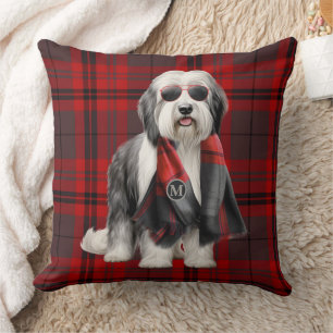 Cute Sheepdog and Red Plaid Funn Holiday Christmas Throw Pillow
