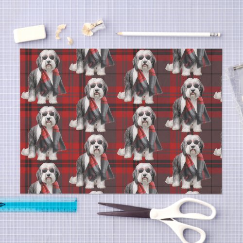 Cute Sheepdog and Red Plaid Funn Holiday Christmas Tissue Paper