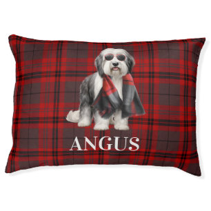 Cute Sheepdog and Red Plaid Personalized Dog Pet Bed