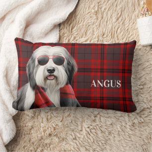 Cute Sheepdog and Red Plaid Personalized Pet Lumbar Pillow