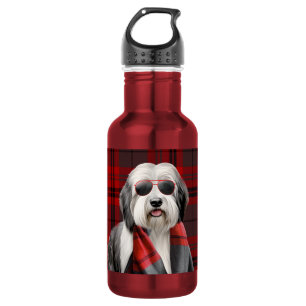 Cute Sheepdog in a Scarf with Red Plaid Funny Stainless Steel Water Bottle