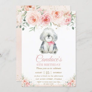 Cute Sheepdog Puppy Dog Pink Floral Girl Birthday Invitation