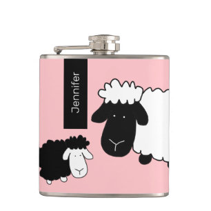Cute Sheeps Illustration Black And White on Blush Flask