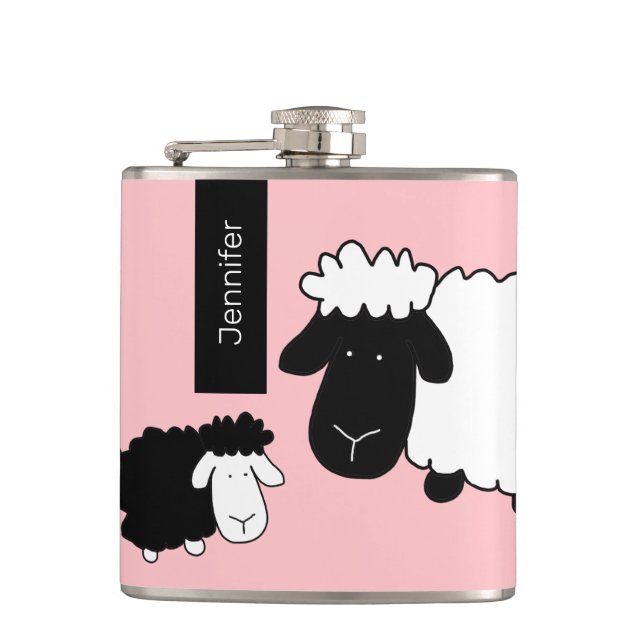 Cute Sheeps Illustration Black And White on Blush Flask (Front)