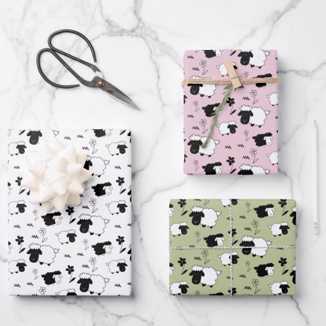 Cute Sheeps Illustration Black White, Blush, Green Wrapping Paper Sheets (Front)