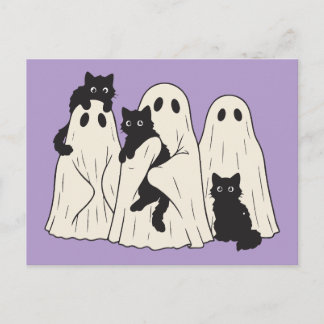 Cute Sheet Ghosts and Black Cats Halloween Postcard