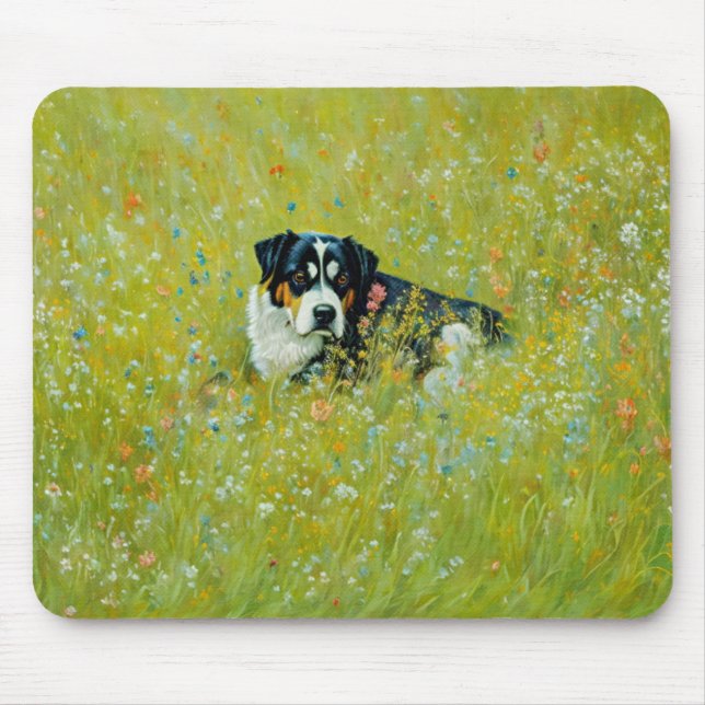Cute Shepherd Mix Dog Whimsical Art Flowers  Mouse Pad (Front)