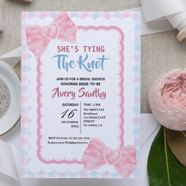 Cute She's Tying the Knot Pink Blue Bridal Shower Invitation (she's tying the knot minimalist pink bow bow bridal shower chic feminine typography whimsical simple)