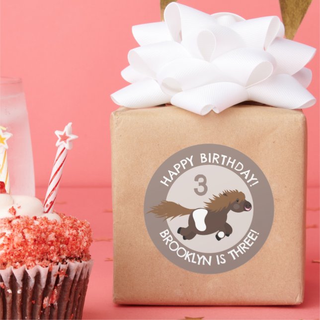 Cute Shetland pony personalized cartoon birthday Classic Round Sticker (Party)