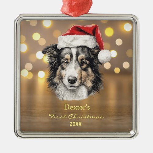 Cute Shetland Shepard Puppy Dog Santa Hat Paw Metal Ornament