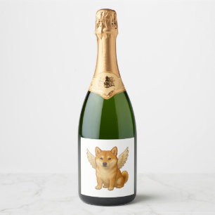 Cute Shiba Inu angel cartoon happy dog Sparkling Wine Label
