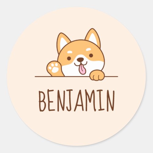 Cute Shiba Inu Corgi Dog Peeking Custom Name Classic Round Sticker