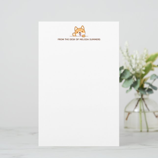 Cute Shiba Inu Corgi Dog Peeking Custom Text Stationery (Standing Front)